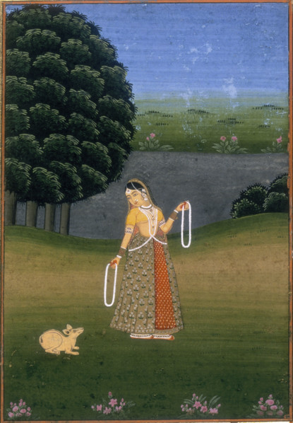 A woman in a garden, beckoning a cowering animal, (c17th-c18th century?).