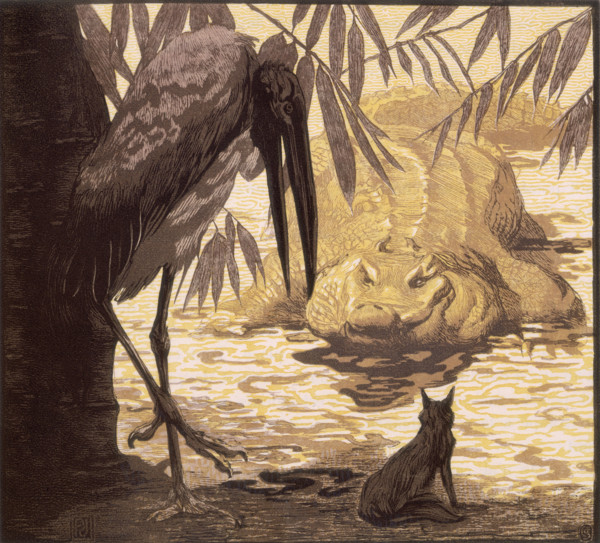 Crocodile, wolf and stork; scene from "The Jungle Book", 1919. From a French translation of "The