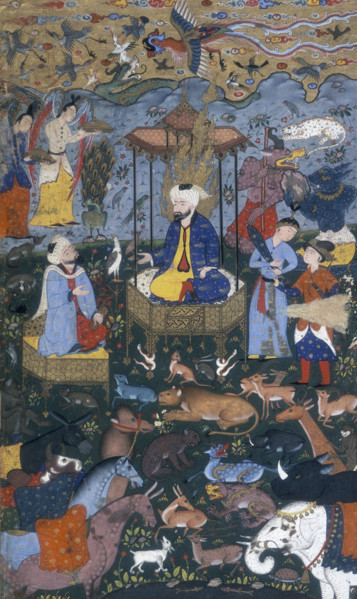 Solomon enthroned, 16th century. Opening to a copy from Shiraz of Firdawsi's epic history of Iran,