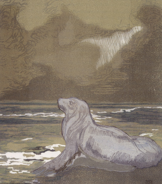 A white seal by the water; scene from "The Jungle Book", 1919. From a French translation of "The