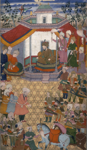 Bayazidi brought before Timur, 1600. Timur sits enthroned under a canopy with attendants by his