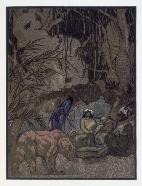 Mowgli, Baloo and other animals; scene from "The Jungle Book", 1919. From a French translation of
