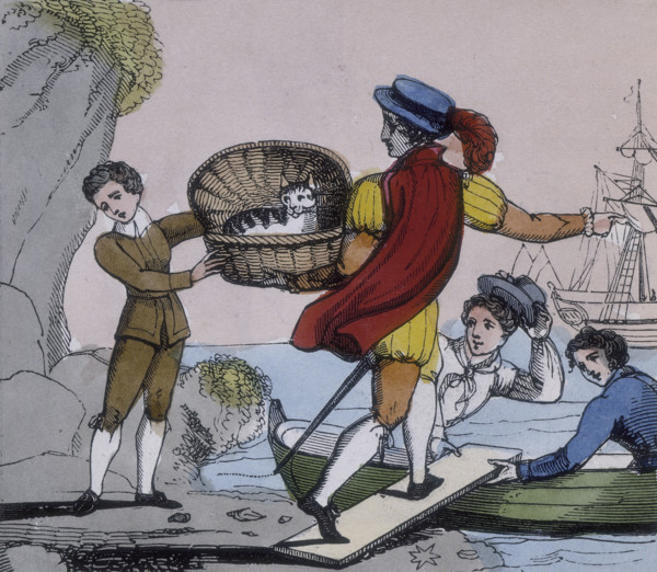 Dick Whittington handing over his cat to the captain of a ship, 1845. A sad-looking Dick passes a