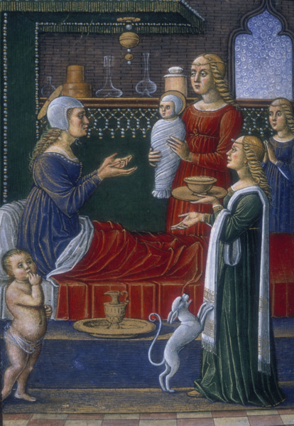 The Birth of the Virgin, end of the 15th century. Saint Anne sits up in bed, holding her hands out