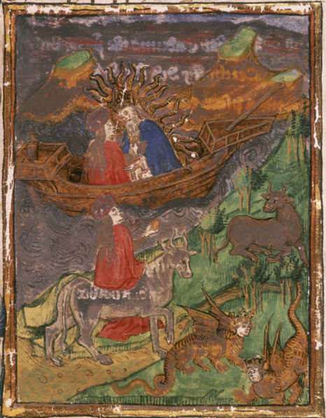 Jove, surrounded by the sun's rays, sits in boat with Europa, 1450. In the foreground, Europa is