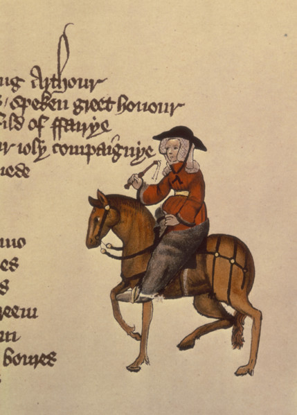 The Wife of Bath, 1911. From a facsimile made in 1911 of "The Ellesmere Chaucer", an early