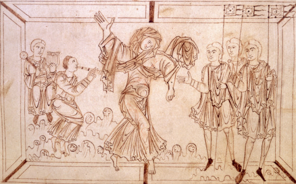 Luxuria tempting men to abandon their arms in favour of debauchery, c950-c999. She dances to the