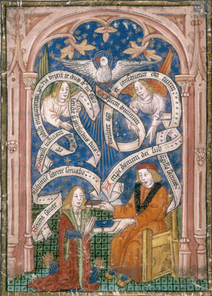 An alchemical disciple receives a book from his master, c1477. The kneeling figure probably