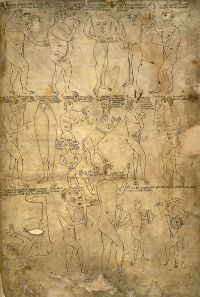Drawings of the seventeen monstrous races, 1172. Bizarre creatures including giants, pygmies,