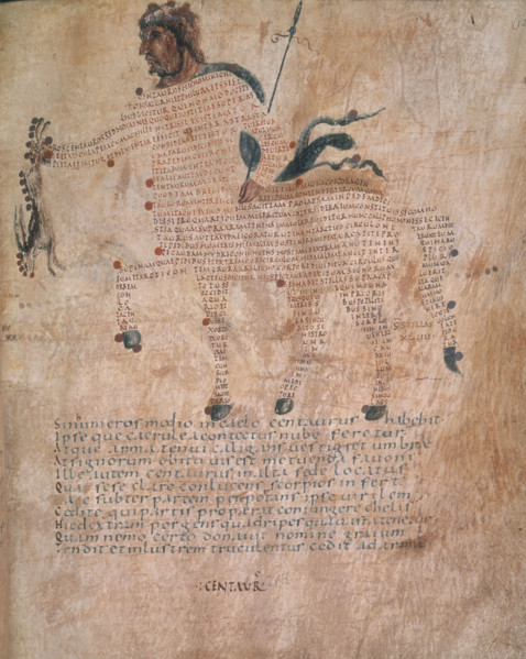 Centaur, 9th century. Mythical creature made of Latin lettering. From the "Aratea".