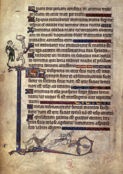 Musician and monkeys; dog chasing a stag, 1284-c1316. Part of Psalm 12, and Psalm 13, beginning