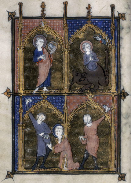 Four miniatures, c1295-c1310. At top right a female saint emerges from the body of a dragon as the