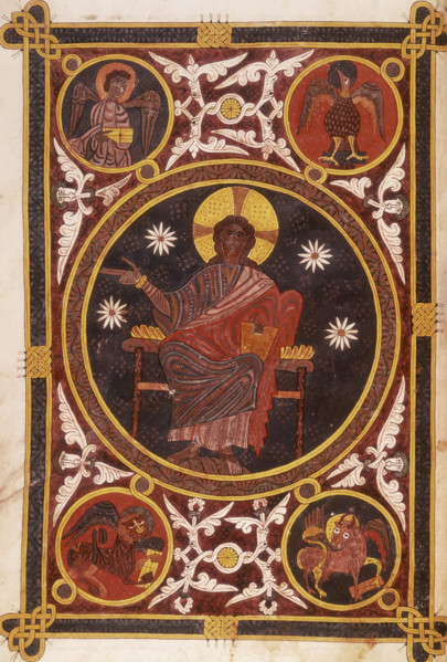 Christ in majesty, 1109. Set within a circle, his right hand raised in blessing, and holding a book