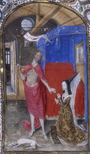 Margaret of York and the Resurrected Christ, c1468. Miniature of the Risen Christ appearing to the