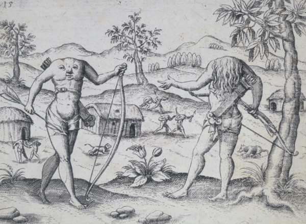 Ewaiponoma or Blemmyae, 1599. Headless human creatures with their faces on their chests and armed