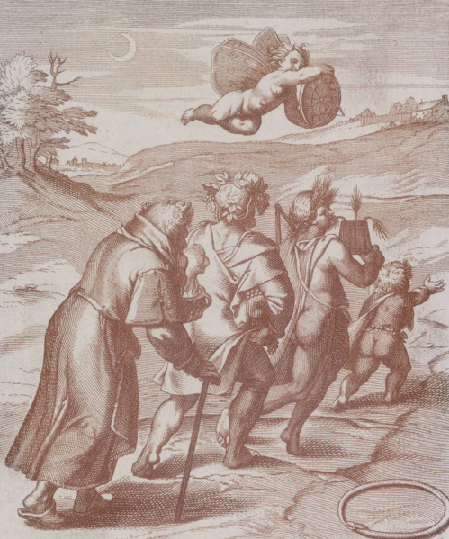 Four figures in a landscape being guided by a cherub in the sky, 1777. A small boy, pointing the