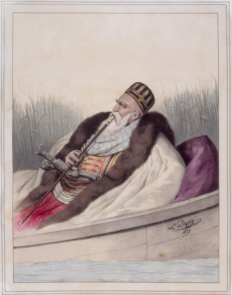 Ali Tebelen, Pacha de Janina, 1819. Ali Pasha (1741-1822) reclining in a boat smoking a pipe, and