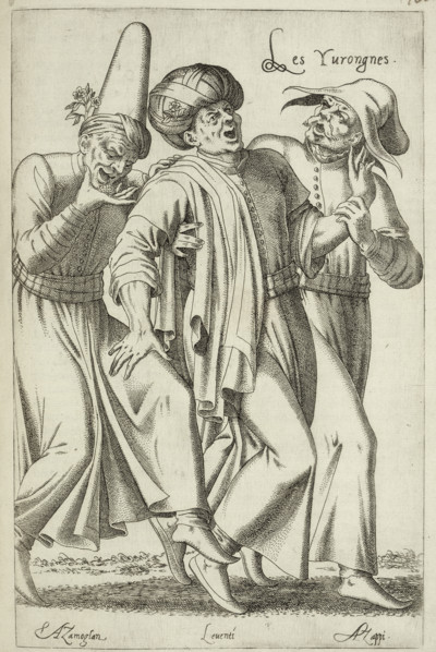 Les Yvrongnes (The Drunkards), 1568. Three men joking and singing, leaning on each other. The two