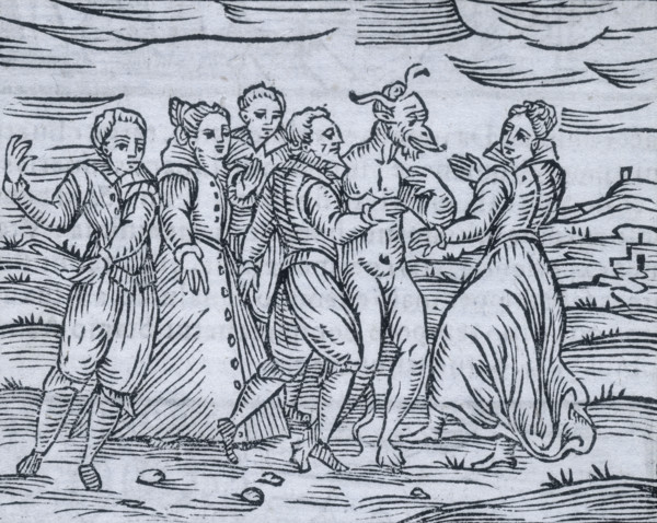 Dancing with the devil on the Sabbath, 1608. Men and women frolicking with the devil, who is