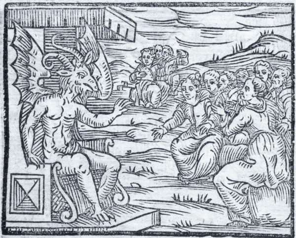 Satan pronounces a discourse to sorcerers, 1608. Women and men sit at the feet of an enthroned
