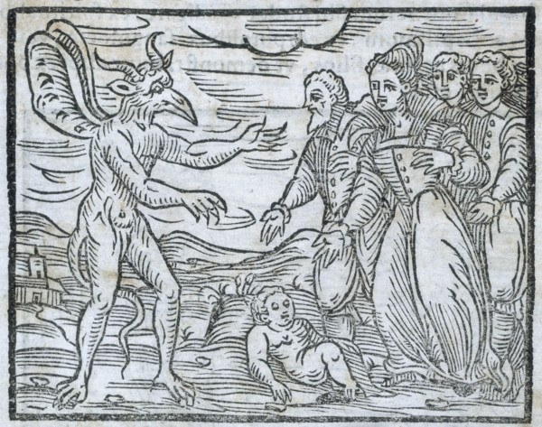 Sorcerers presenting a child to the devil, 1608. People lay the child at the feet of the devil as a