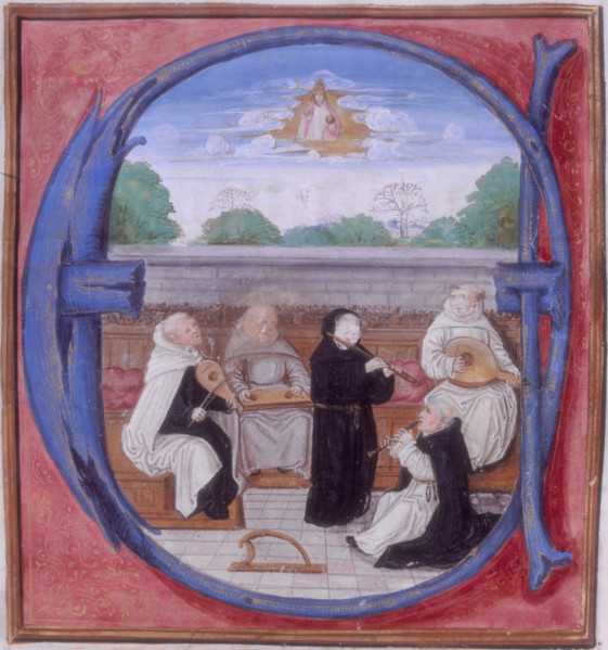 A concert of the five orders, 1522. A group of monks and clergymen playing musical instruments