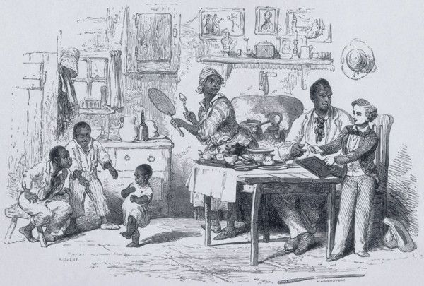 Mas'r George teaching Uncle Tom to write, 1852. George hands Tom a pencil and a book to practise