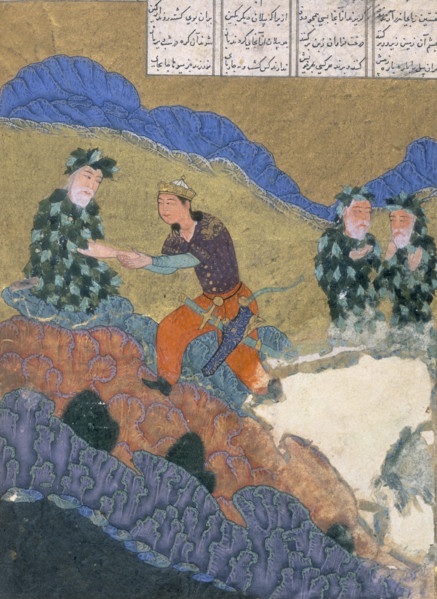 Garshasp visiting the Brahmans on the mountain of Sarandib, c1397-c1398. Garhasp takes the hand of