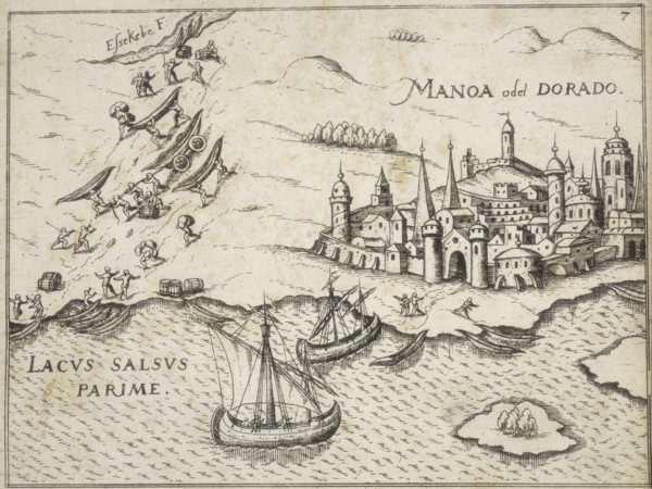 City of Manoa, 1599. 'Manoa o del Dorado'. An illustration of a walled city beside a lake, with