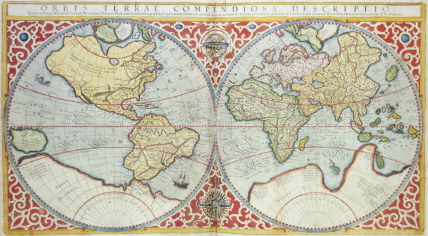 World Map, 1587. 'Orbis terrae compendiosa descriptio'. Divided into Western and Eastern