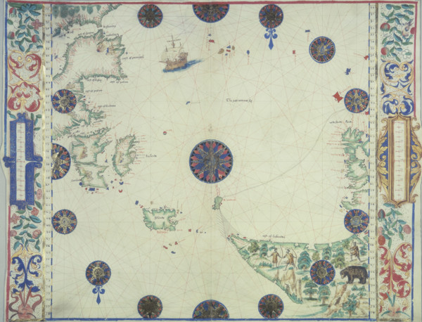 Chart of the Atlantic Ocean, c1535-1542. The map is 'upside down' to western eyes. At bottom right