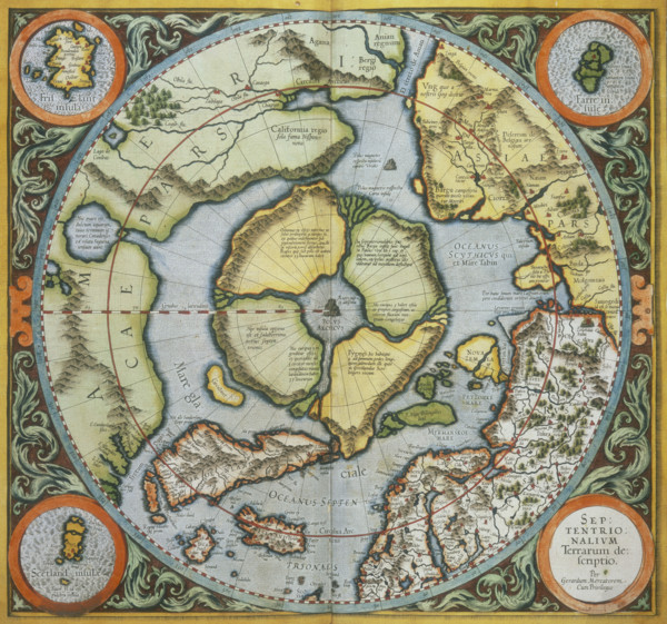 Map of the Arctic, 1595. This map speculates that the Arctic consisted of a circular landmass with