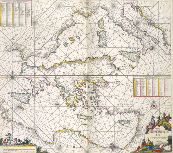 Maps of the Mediterranean, 1682. The upper half is a chart of the whole of the Mediterranean, while