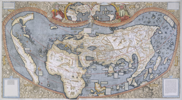 Map of the World, 1507. The map is accompanied by text explaining the use of the term 'America' to