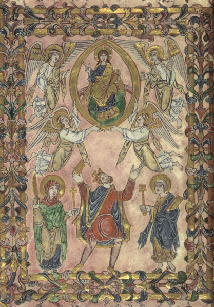 Edgar offers charter to Christ, 966. King Edgar, flanked by the Virgin and St Peter, offering the