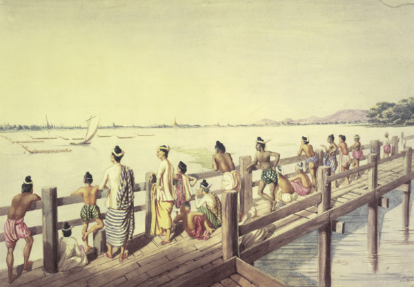 Amarapoora (Umeerapoora), from the long wooden Bridge, crossing the Lake Toung-ummah, 1855. From "A