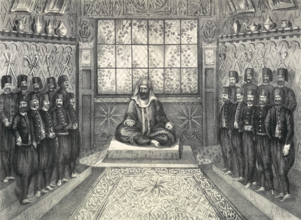 Audience of Hussein II Bey, 1835. Engraving showing Hussein II Bey (Al-Husayn II ibn Mahmud?)