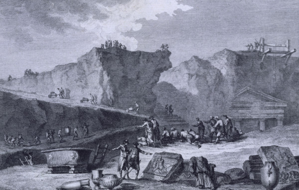 Excavation work at Herculaneum, Italy, 1781. Archaeological dig at the buried Roman city. From