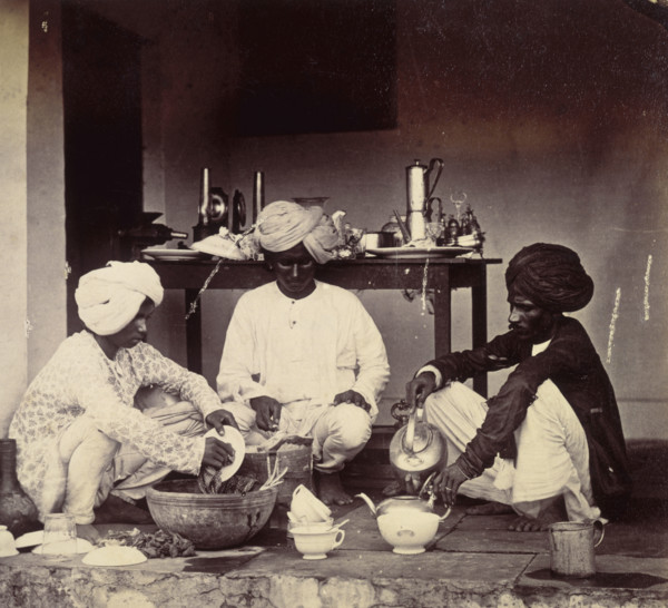 Three Indian domestic servants at work, 1870s. Washing up and making tea.