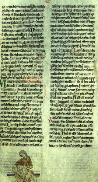 Irish harp player and text, after c1170. A page of illustrated text from the "Topography of