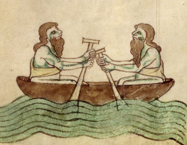 The men of Connaught in a coracle, after c1170. Two bearded Irishmen rowing a round skin boat. From