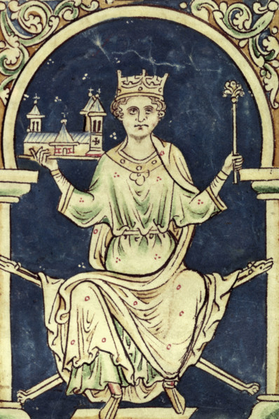 King Henry III with a representation of Westminister Abbey, c1250s. The king sits holding the abbey