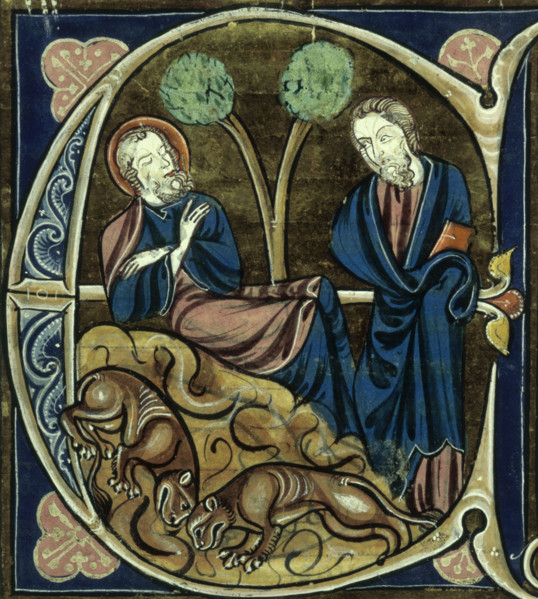 St Patrick sleeping, 13th century. Patrick is asleep on a rock, watched over by Christ, while
