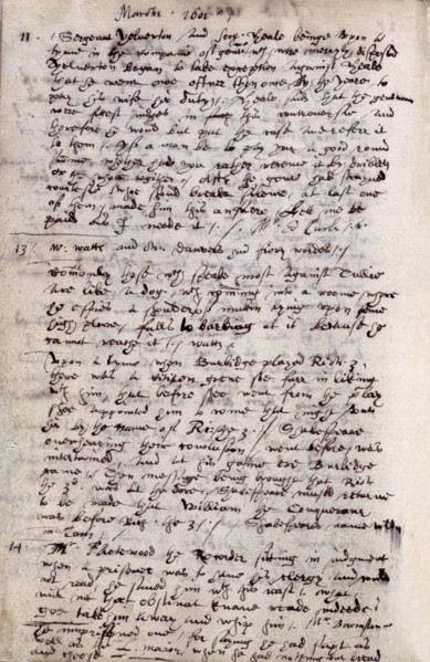 Page from the diary of John Manningham, 1602. Page describing a performance of Shakespeare's
