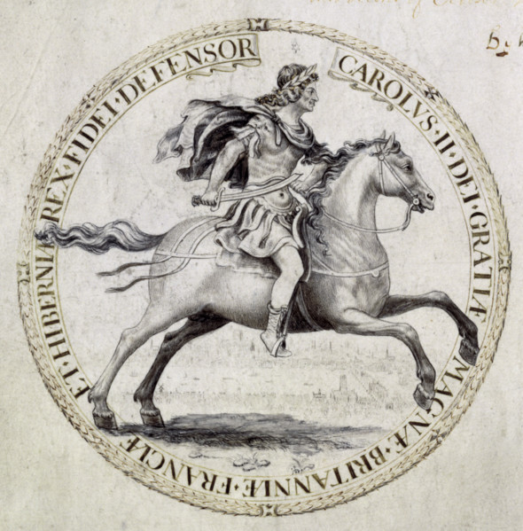 Royal seal of Charles II, 1662. Design for a great seal for the king, who is shown in a heroic pose