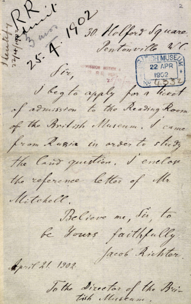 Lenin's letter applying for a ticket to the British Museum's Reading Room, 21 April 1902. '30