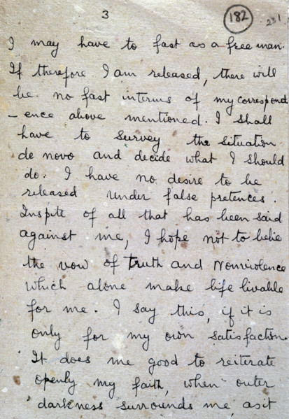 Second page of a letter from Gandhi to Sir Richard Tottenham, 1943. '(Circumstances may arise, as