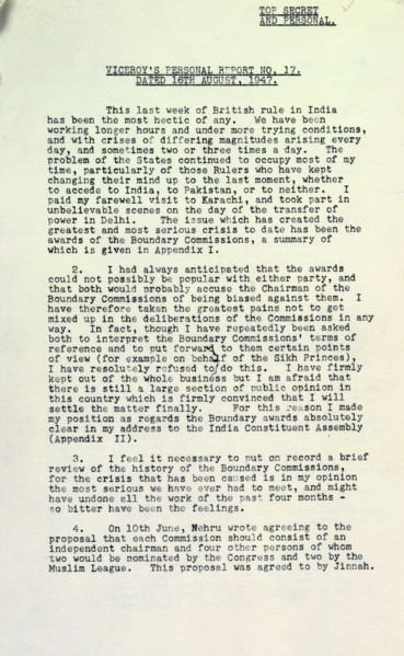 The final personal report of the last Viceroy of India, Lord Mountbatten of Burma, 1947. The report
