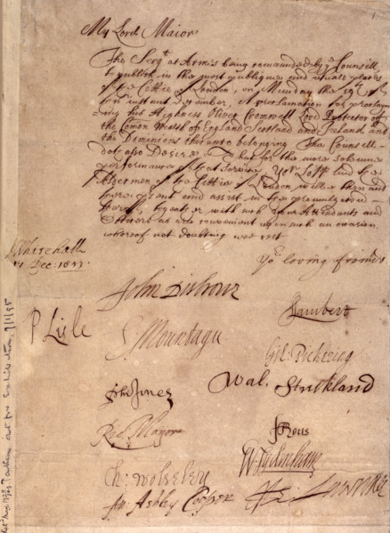 Order proclaiming Oliver Cromwell as Protector of England, 1653. After the victory of parliament in