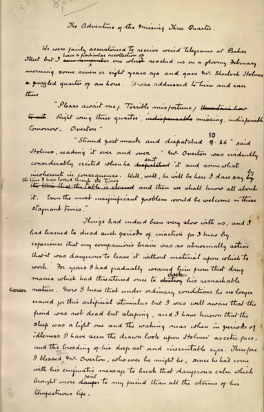 The Adventure of the Missing Three Quarter, by Sir Arthur Conan Doyle, c1904. This is an autograph